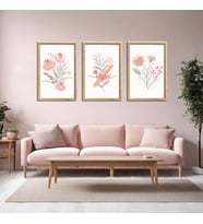 3'lü Ahşap Lamine Çerçeveli Mdf Tablo Pastel Pembe Çiçekler (Ahşap)