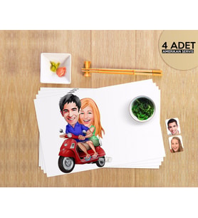 BK Gift Kişiye Özel Sevgililer Karikatürlü 4 Adet Amerikan Servis Seti-10 (Beyaz)