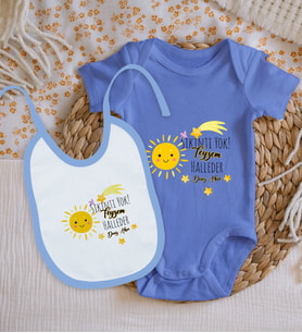 BK Kids Kişiye Özel Teyzem Halleder Tasarımlı Mavi %100 Pamuklu Kısa Kol Bebek Body Zıbın ve Mama Önlüğü Hediye Seti
