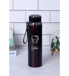 1 Litre Paslanmaz Çelik Hello Kitty Baskılı Termos  12 Saat Sıcak Soğuk Tutma  Dayanıklı Yapı (Siyah)