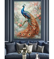 Çiçekli Dallarda Oturan Tavus Kuşu Dekoratif Kanvas - Mdf Ahşap Tablo