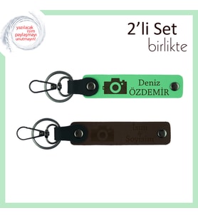 Fotoğraf Makinesi Desenli Mezuniyet Armağanı, Yazılabilir Kişisel Deri Set, Fıstık Yeşil-Koyu Kahve