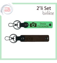 Fotoğraf Makinesi Desenli Mezuniyet Armağanı, Yazılabilir Kişisel Deri Set, Fıstık Yeşil-Koyu Kahve