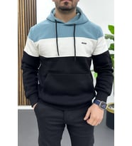 Erkek Slim Fit Renk Bloklu Kapüşonlu Sweatshirt Açık Mavi Edw438