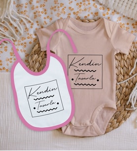 BK Kids Kişiye Özel Kendin Tasarla Pembe %100 Pamuklu Kısa Kol Bebek Body Zıbın ve Mama Önlüğü Hediye Seti
