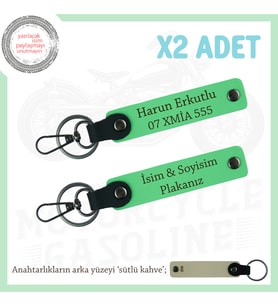 Kullanışlı ve Şık Tasarım – Plaka ve İsim Yazılı Deri Anahtarlık Çift, Hediye, Fıstık Yeşil-S Kahve