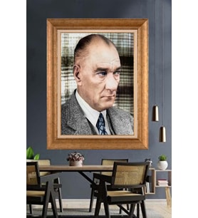 Altın Varaklı Çerçeveli Paspartulu Atatürk Tablo nh239 (Gold)