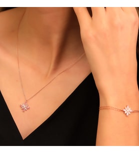 925 Ayar Gümüş Pembe Taşlı Kamelya Çiçeği Kolye Bileklik Set