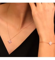 925 Ayar Gümüş Pembe Taşlı Kamelya Çiçeği Kolye Bileklik Set