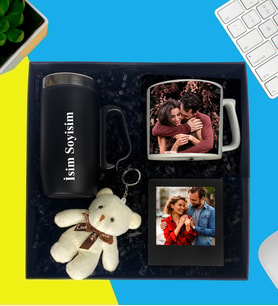 Kişiye Özel Premium Kutu Kulplu Termos Bardak Peluş Ayıcık Anahtarlık Çay Ve Nescafe Fincanı Ahşap Siyah Fotoğraflı Masaüstü Çerçeve