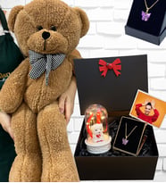 Büyük Boy Kahverengi Peluş Ayıcık ve Kelebek Kolyeli Fotoğraflı Hediye Kutusu - Premium Set (Model 4)