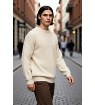 Erkek Oversize Kalıp Bisiklet Yaka Basic Selanik Dokulu Kalın Triko Kazak Kışlık Günlük Giyim İçin