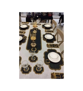 Başak Siyah Gold Amerikan Servis 6 Kişilik 19 Parça Runner Seti Nakışlı Deri 