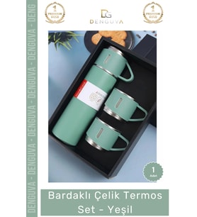 #Termos Hediye Kutulu 500ml 304 Paslanmaz Çelik Vakumlu Isı Bardaklı Çelik Termos Set Yeşil