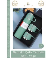 #Termos Hediye Kutulu 500ml 304 Paslanmaz Çelik Vakumlu Isı Bardaklı Çelik Termos Set Yeşil