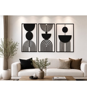 3 Parça Modern Geometrik Duvar Dekoru Siyah Mdf Lazer Kesim 40x60 Cm