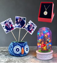 Muhteşem Hediye Seti Renkli Işıklı Fanus, 3 Fotoğraflı Baykuş ve Tasarım Kolye (Model 7)