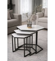 Usta Altıgen Siyah Metal Ayaklı Mdf Tablalı 3lü Zigon Sehpa (Beyaz)