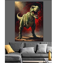 Kırmızı Arka Planda T-Rex Dinozor Dekoratif Kanvas - Mdf Ahşap Tablo