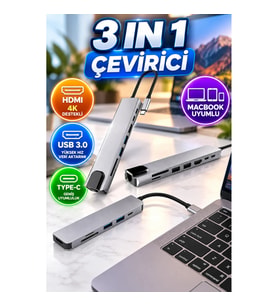 MacBook Uyumlu 3 In 1 Type-C HDMI USB 3.0 Çevirici Dönüştürücü Adaptör