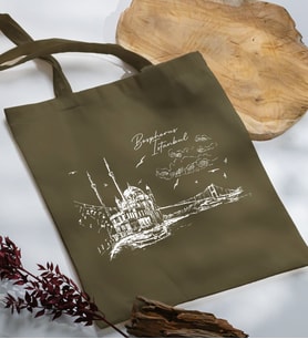 BK Gift İstanbul Tasarımlı Haki Kumaş Bez Çanta, Baskılı Omuz Çantası, Alışveriş Çantası, Arkadaşa Hediye-2