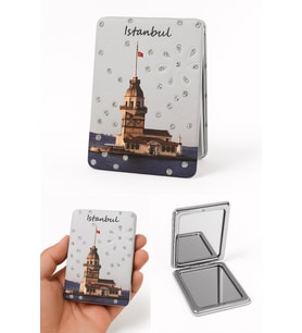 İstanbul Kız Kulesi Temalı Simli Büyüteçli Pratik Mini Cep Çanta Makyaj Aynası Sarı