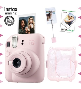 Instax mini 12 Pembe Fotoğraf Makinesi-10'lu Film-Kıskaçlı Resim Standı ve Simli Pleksi Kılıf Seti