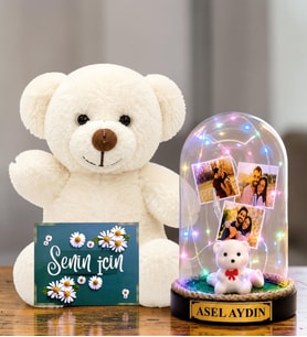 Kişiye Özel Yazılı 3 Fotoğraflı Renkli LED Işıklı Fanus(beyaz ayıcıklı) ve Beyaz Peluş Ayıcık Sevgiliye Hediye Kadına Hediye