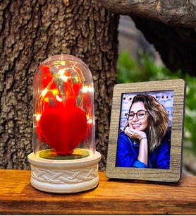 Size Özel Ahşap Fotoğraf Çerçevesi ve Led Işıklı Kırmızı Kalpli Fanus Doğum Günü Hediyesi