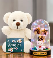 Kişiye Özel Yazılı 3 Fotoğraflı Renkli LED Işıklı Fanus(beyaz ayıcıklı) ve Beyaz Peluş Ayıcık Sevgiliye Hediye Kadına Hediye