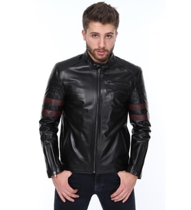 Hakiki Deri Siyah Şeritli Fermuarlı Erkek Deri Ceket