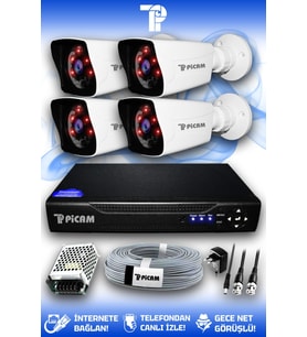 PICAM 4 Kameralı Kare 4 Dış Kamera Set HDD'siz Full HD Gece Görüşlü Güvenlik Kamerası Sistemi