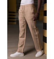 Beli Lastikli Ve İplikli %100 Linen Kumaş Orjinal Keten Bol Paça İnce Yazlık Baggy Pantolon (Kahverengi Açık)