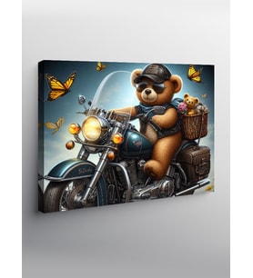 Kanvas Tablo Mavi Chopper Motosiklet Ve Ayıcık