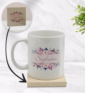 BK Gift Kişiye Özel Çiçek Tasarımlı Beyaz Kupa Bardak ve Ahşap Bardak Altlığı Hediye Seti - Model 22