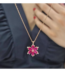 Gümüş Pembe Damla Taşlı Çiçek Tasarımlı Rose Kaplama 925 Ayar Gümüş Kolye (Karışık)