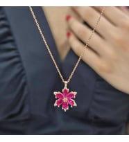 Gümüş Pembe Damla Taşlı Çiçek Tasarımlı Rose Kaplama 925 Ayar Gümüş Kolye (Karışık)