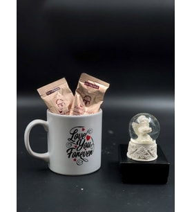Sevgililer günü hediyesi love you forever kupa ve beyaz mini küre 