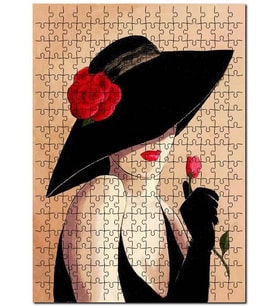 Cakapuzzle Şapkalı Kırmızı Güllü Kadın Görseli Puzzle Yapboz MDF (Ahşap) (120 Parça)