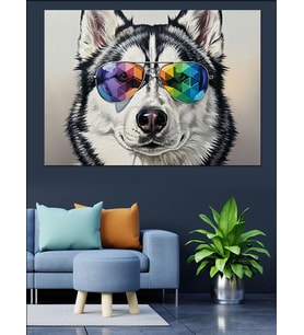 Renkli Gözlüklü Husky Köpek Dekoratif Kanvas - Mdf Ahşap Tablo