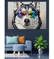 Renkli Gözlüklü Husky Köpek Dekoratif Kanvas - Mdf Ahşap Tablo