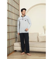 Erkek %100 Pamuklu Pijama Takımı-Robalı ve 3 Düğmeli-12489 ENİSENA (Gri)