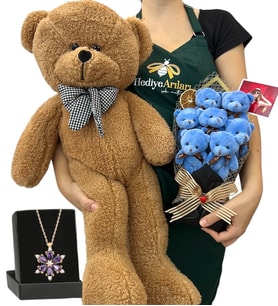 Fotoğraflı 7'li Peluş Ayıcık Buketi, Gerçek Ametist Taşlı Lotus Kolye ve Kahverengi Ayıcık (Model 5)