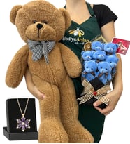 Fotoğraflı 7'li Peluş Ayıcık Buketi, Gerçek Ametist Taşlı Lotus Kolye ve Kahverengi Ayıcık (Model 5)