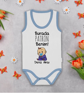 BK Kids Kişiye Özel Burada Patron Benim Mavi Biyeli Askılı Sıfır Kol Bebek Body Zıbın, Yeni Doğan Bebek Hediyesi