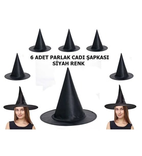 Halloween Siyah Renk Parlak Dralon Cadı Şapkası Yetişkin ve Çocuk Uyumlu 6 Adet