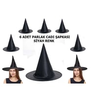 Halloween Siyah Renk Parlak Dralon Cadı Şapkası Yetişkin ve Çocuk Uyumlu 6 Adet