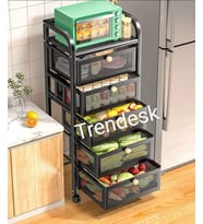 TRENDESK 5 Katlı Metal Siyah Çekmeceli Tekerlekli patates soğan sepeti sebze meyve sepeti sebzelik