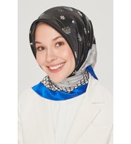 Armine Nostalji Serisi  İpek Twill Eşarp 8517D-83 (Siyah-Saks)