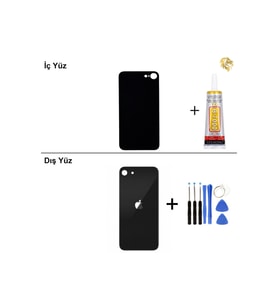 iPhone SE 2020 Siyah Arka Kapak Arka Cam Batarya Kapağı Lazer Kesim Kapak Pil Kapağı + B-7000 Yapıştırıcı + Tamir Seti